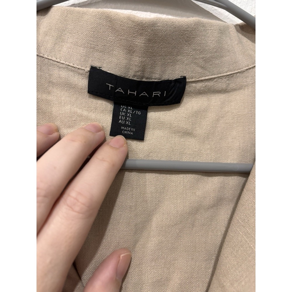Tahari XL Linen Blend Beige Belted Utility Shirt Dress Short Sleeve Cuffed - Picture 10 of 16